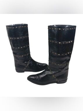Vintage Stuart Weitzman Black Leather Snakeskin Studded Boots